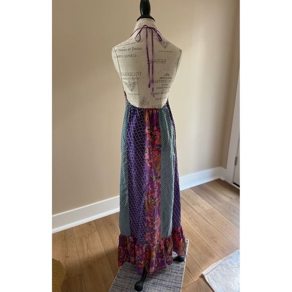 Jenny Han Purple Multicolor Patchwork Halter Maxi Dress 100% Silk Size M - Picture 2 of 5